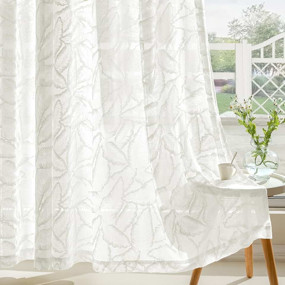 MIULEE Gardinen 2er Voile Vorhang mit Blattmuster Ösen 220×140cm Weiß