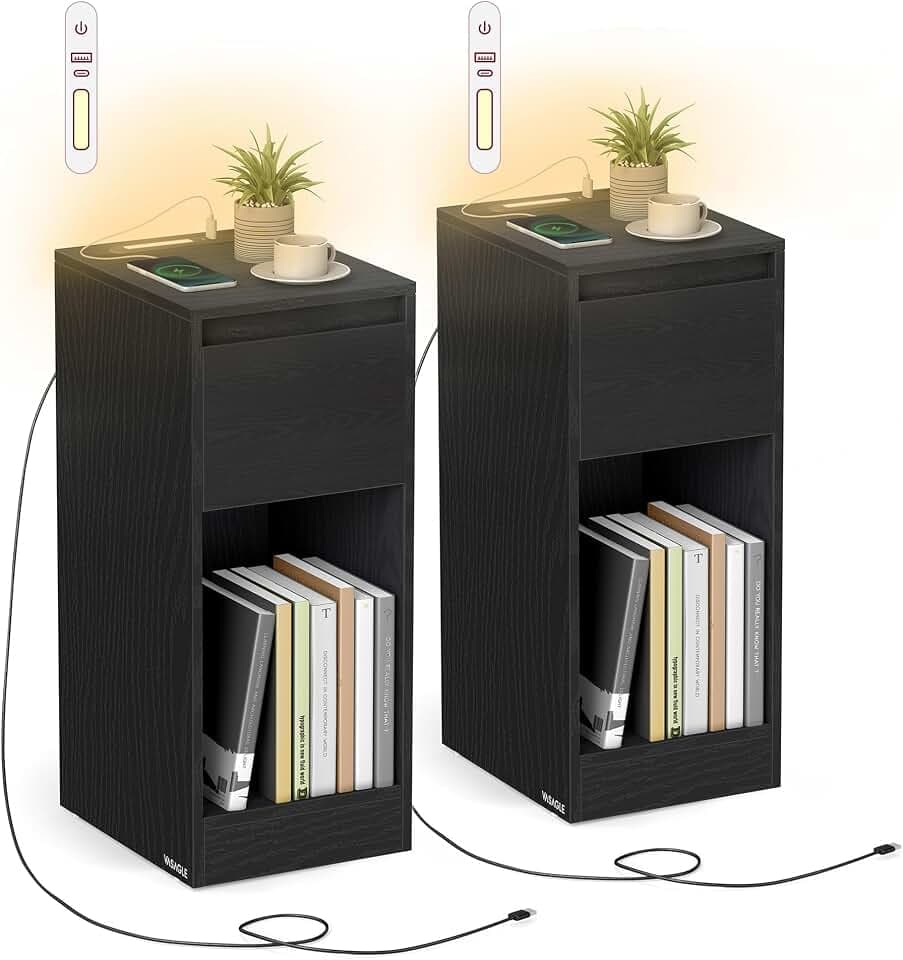 VASAGLE Nachttisch, schmal, Beistelltisch, LED-Beleuchtung, Schublade