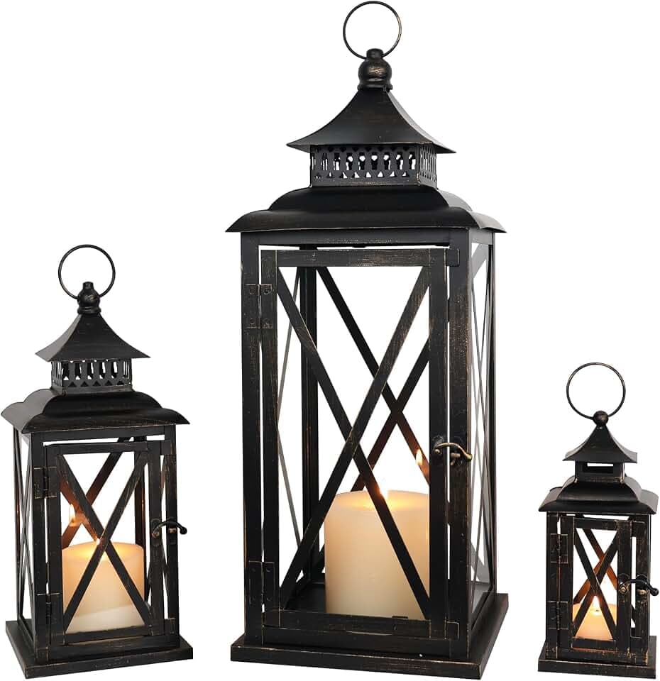 3PCS (20’’&13’’&9’’) Lanterns Decorative Indoor & Outdoor, Vintage Metal Frame Candle Holders for Front Porch, Patio, Pathway, Balcony, Garden, Yard Decor, Halloween Christmas Decorations
