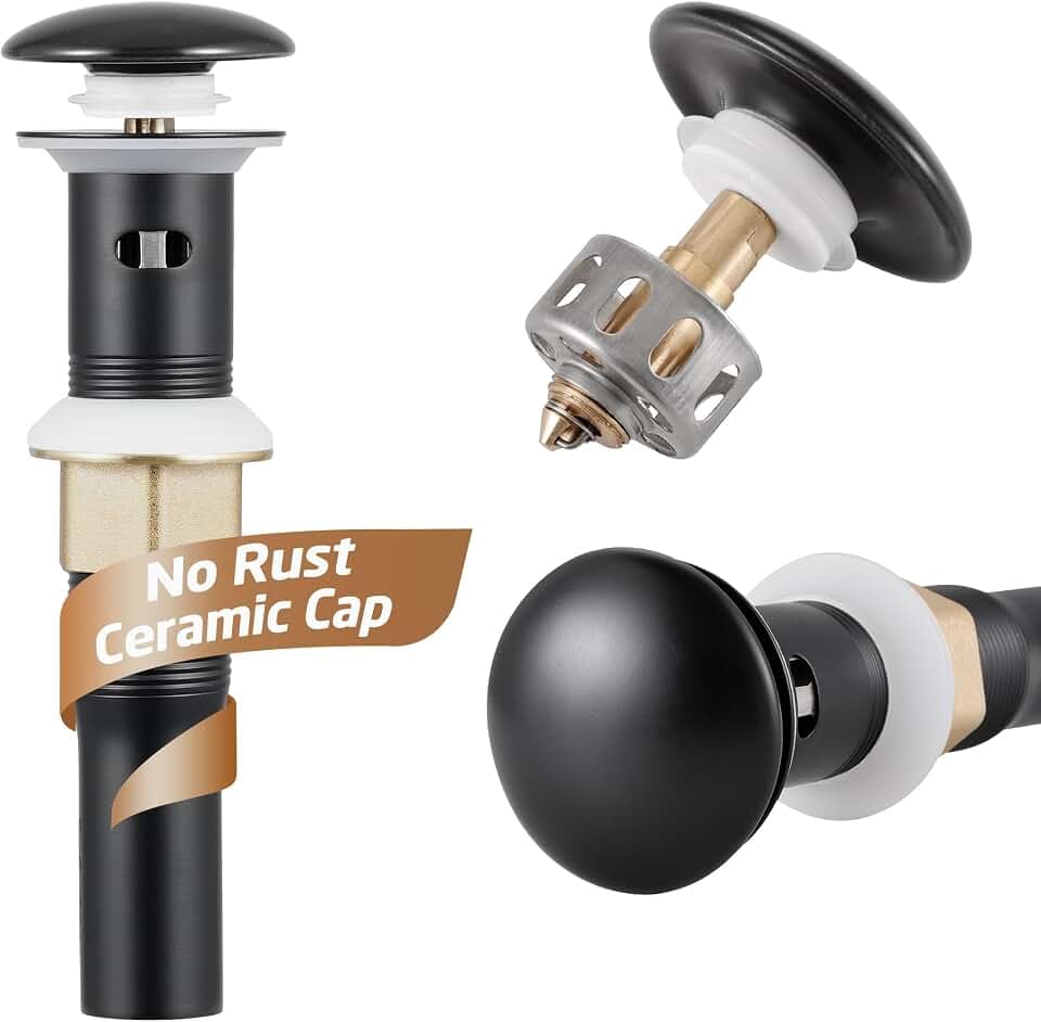 KES Bathroom Sink Drain Strainer with Overflow, Upgraded Ceramic Cap All Metal Rustproof Pop Up Drain Stopper, Strainer Basket Anti-Clog Hair Catcher, Matte Black, S2013A-CB
