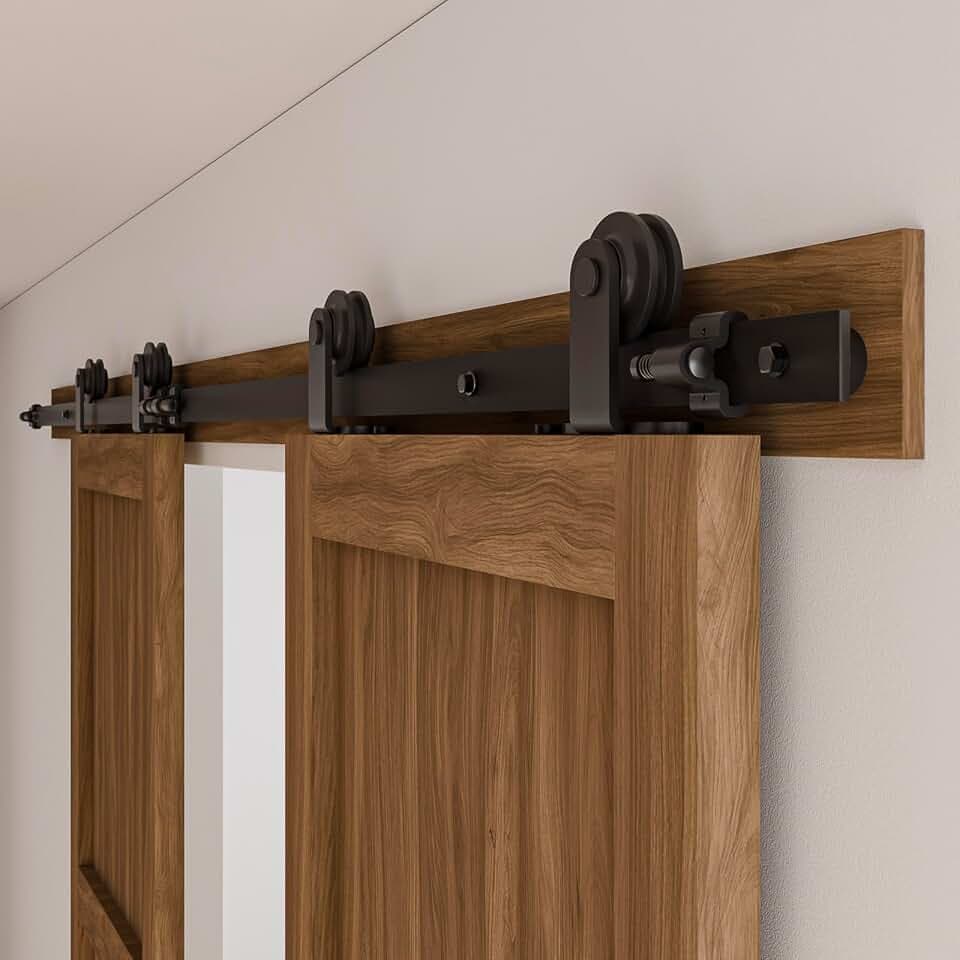 CCJH 6FT Sliding Barn Door Hardware Kit, Heavy Duty, Smoothly and Silently, Easy to Install, Fit 18" Width Double Door Panel, T-Shaped Style Black