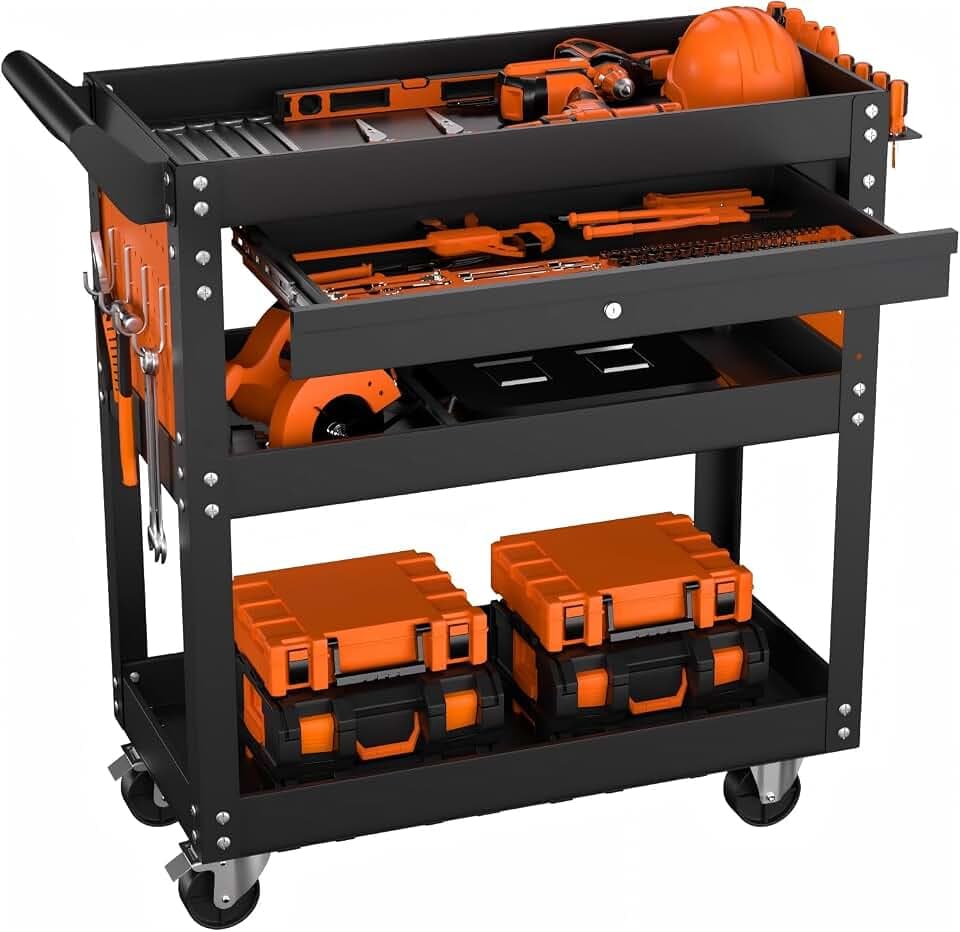 4-Tier Rolling Tool Cart On Wheels, Heavy Duty 350 Lbs Capacity Metal Mechanic Tool Cart with Lockable Drawer & Side Pegboards for Garage Workshop Repair Shop