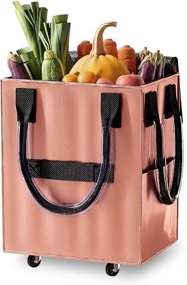 Reusable Grocery Bag on Wheel, Foldable Shopping Cart with Wheels, Can Carry up to 67 Pounds, Suitable for Groceries, Laundry, Camping and Moving. (Rose Gold - Small)