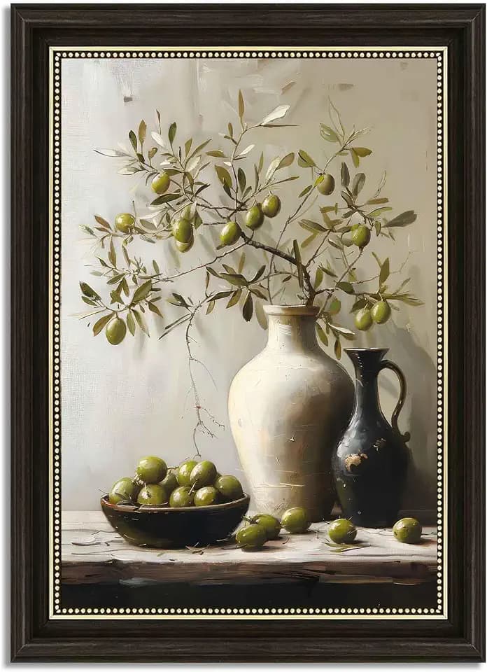 Vintage Dark Brown Framed Olive Branch Canvas Wall Art Rustic Still Life Wall Decor Terracotta Vase Olive Painting Picture Kitchen Botanical Print Artwork for Farmhouse Home Decoration 16x24in
