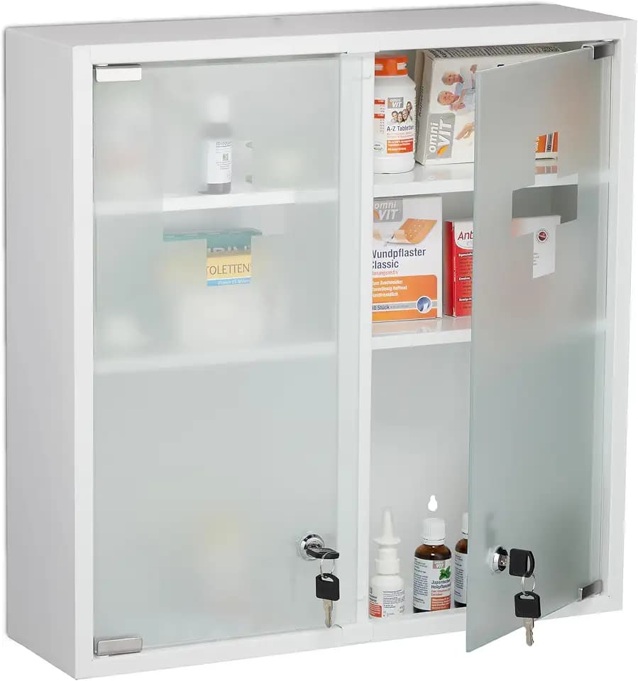 Relaxdays Medizinschrank, 2 türig, abschließbar, 3 Fächer, HBT 53x52,5x15,5 cm, Medikamente, Arzneischrank hängend, weiß