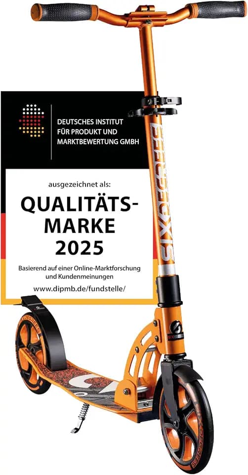 Six Degrees Aluminium Scooter mit Klappmechanismus, Ständer, 205 mm TESTSIEGER, ABEC 7, höhenverstellbar, GS-geprüft