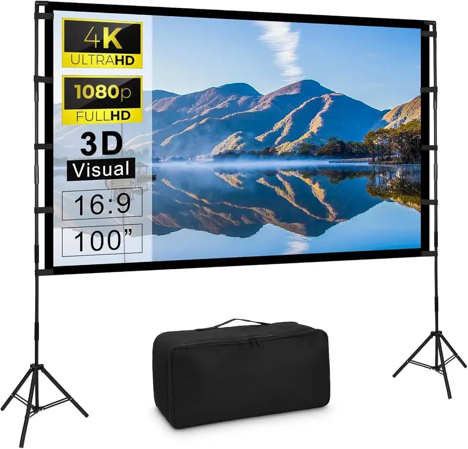 Beamer Leinwand mit Stativ 100 Zoll, 16:9 HD faltfrei für Garten & Camping
