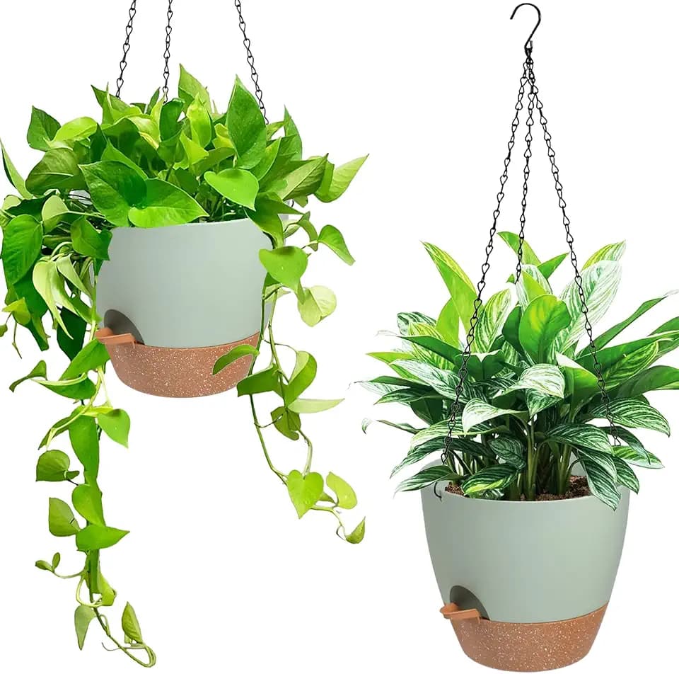 Vanslogreen Hanging Planters for Indoor Outdoor Plants, 2 Pack Self Watering Hanging Pot with Drainage Holes & Removable Tray (Green, 6'')