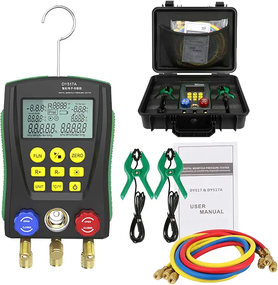 Digital Manifold HVAC Gauges Set with Pressure & Temp Test, Digital Refrigerant Gauges for R410A R22 R134A Built-in 89 Refrigerant Database, HVAC Gauges Set with Refrigerant Hoses,Temp Clips