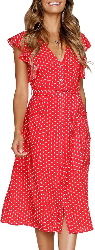 MITILLY Women's Boho Polka Dot Flutter Short Sleeve V Neck Button Down Swing Midi Dress with Pockets
