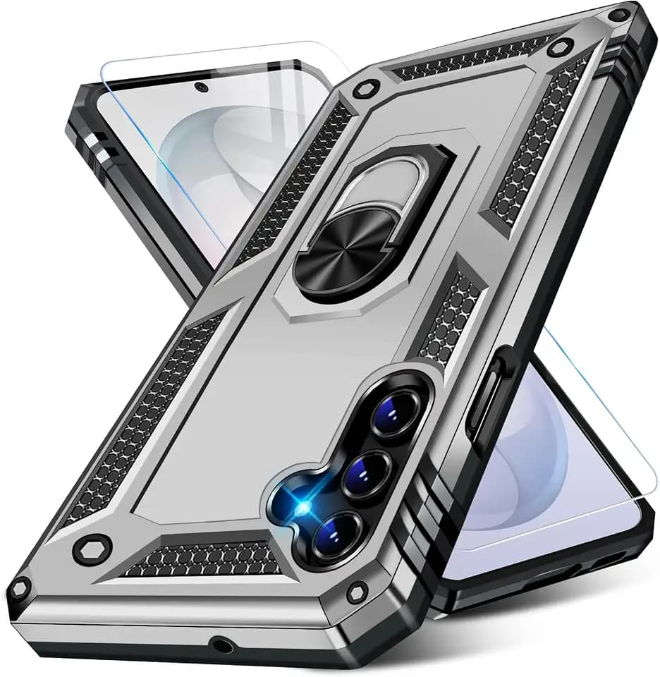 for Samsung Galaxy S26 Case with Screen Protector, Heavy Duty Military Grade Shockproof Rugged Protective Cover for Samsung S26 Phone Case with Metal Ring Magnetic Kickstand (Silver)