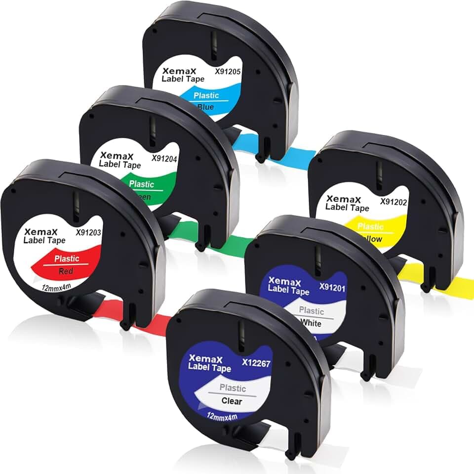 6x Etikettenband Ersatz für Dyno Letra Etikettenband 12mm x 4m 16951 91221 91222 91223 91224 91225 Etiketten Kunststoff Bänder für Beschriftungsgerät LT-100H 100T XR XM QX50 2000 200B 80