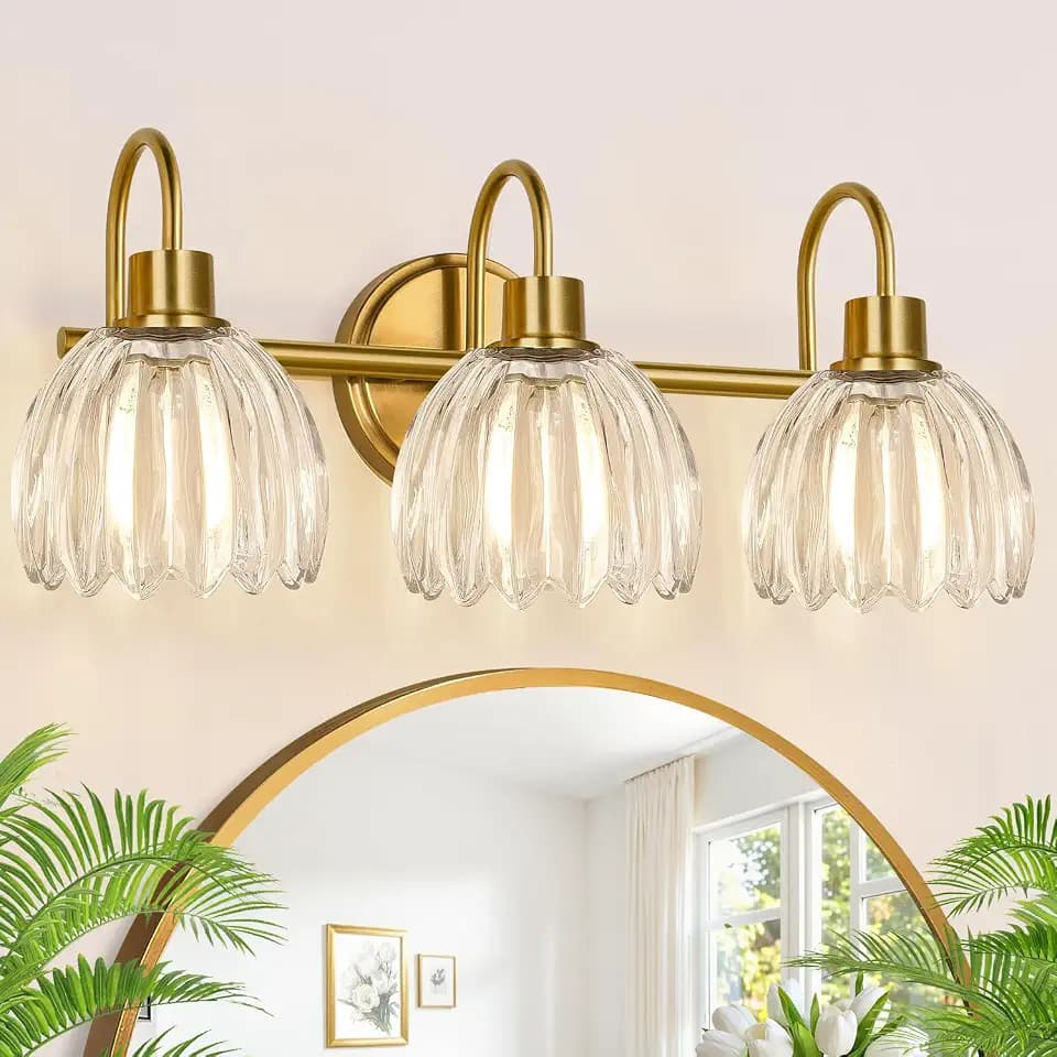 3-Light Bathroom Light Fixtures, 20" Brushed Gold Vanity Lights for Bathroom with Ribbed Clear Tulip Glass Shade, Vintage Wall Vanity Lighting Fixtures Over Mirror for Bathroom Living Room Hallway
