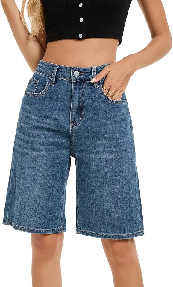 Jean Shorts for Women Long Stretchy High Waisted Denim Bermuda Shorts Baggy Jorts