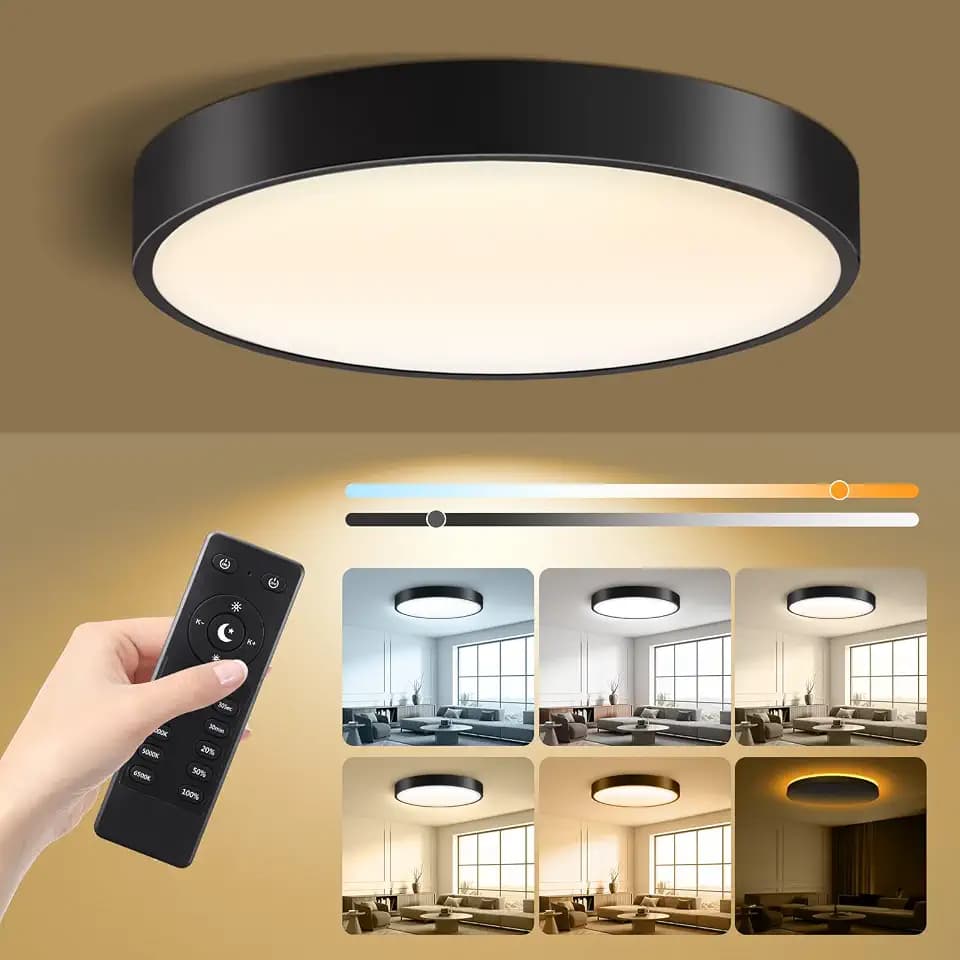 Lightania 13 Inch Flush Mount Ceiling Light with Remote Control & Night Light, 5CCT Dimmable Ceiling Light Fixture, 25W 2500LM 2700K-6500K Adjustable LED Ceiling Lights for Bedroom Kitchen, Black