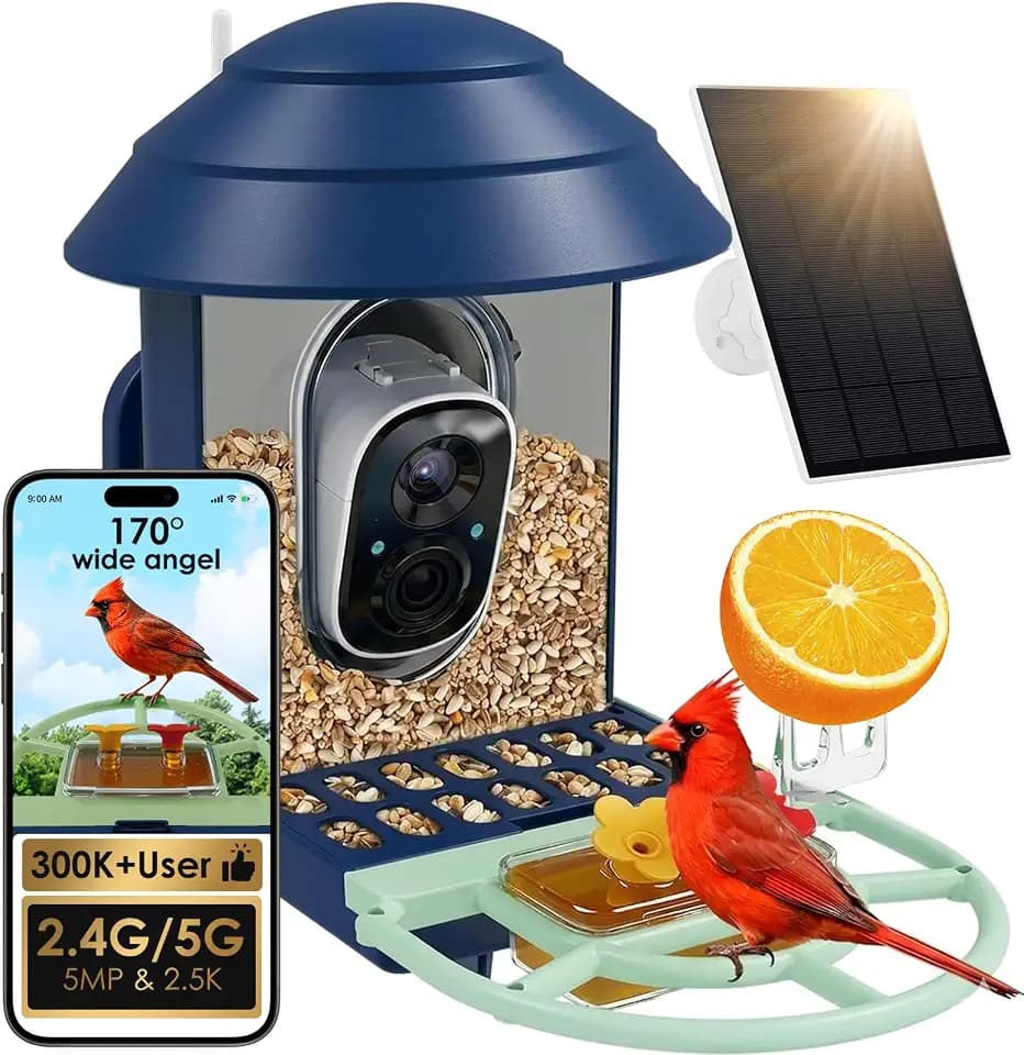 Bird Feeder with Camera 2.4G/5G WiFi Wireless Outdoor 2.5K HD 170° Wide-Angle Solar Powered Bird Feeder AI Identify Birds Watching Feeder Ideal Gift for Bird Lovers Blue