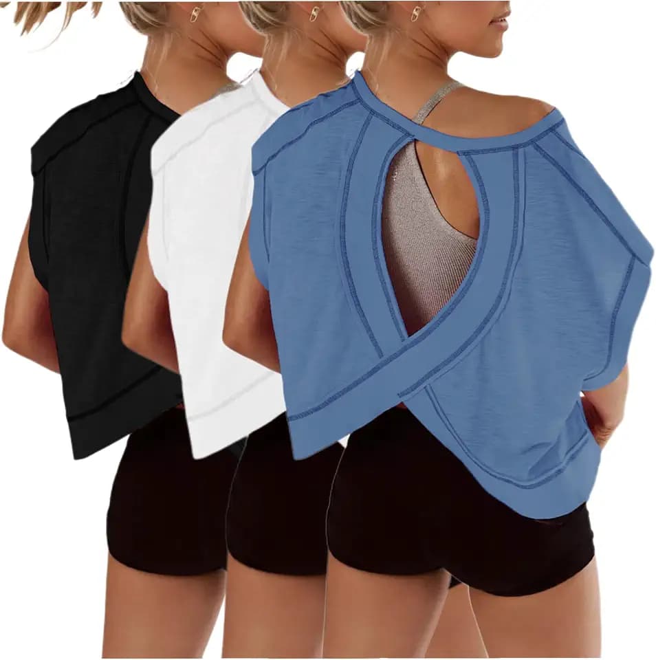 Womens 3 Pack Open Back Tops Casual Short Sleeve Workout Shirts Y2k Crop Athletic Tops Gym Yoga Running Tees