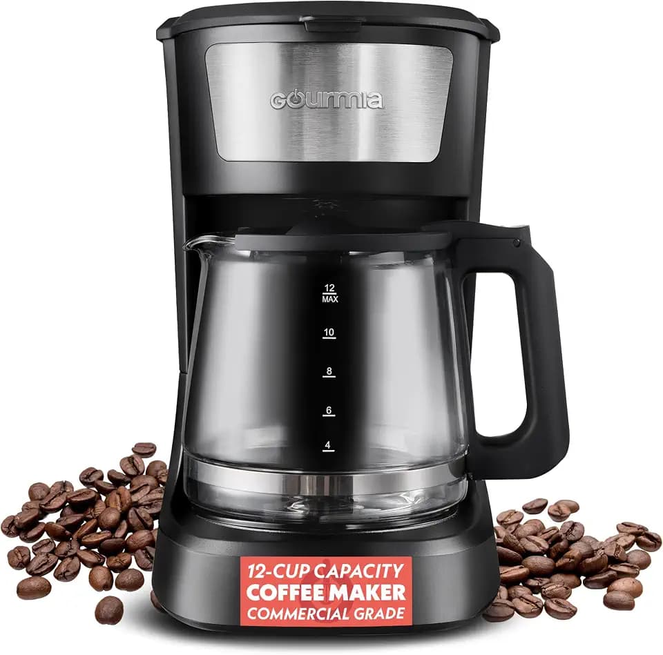 Gourmia Drip Coffee Maker - 12-Cup Capacity, Glass Carafe, Black