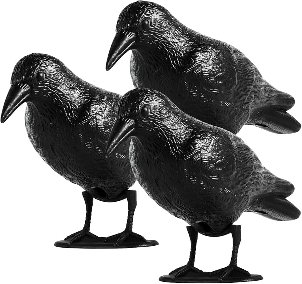 OFFO Taubenabwehr Schwarz Rabe, Raben Attrappe Vogelabwehr für Balkon, Krähe aus Polyethylen, Physikalisches Vogelschreck Balkon und Garten 3 Stück