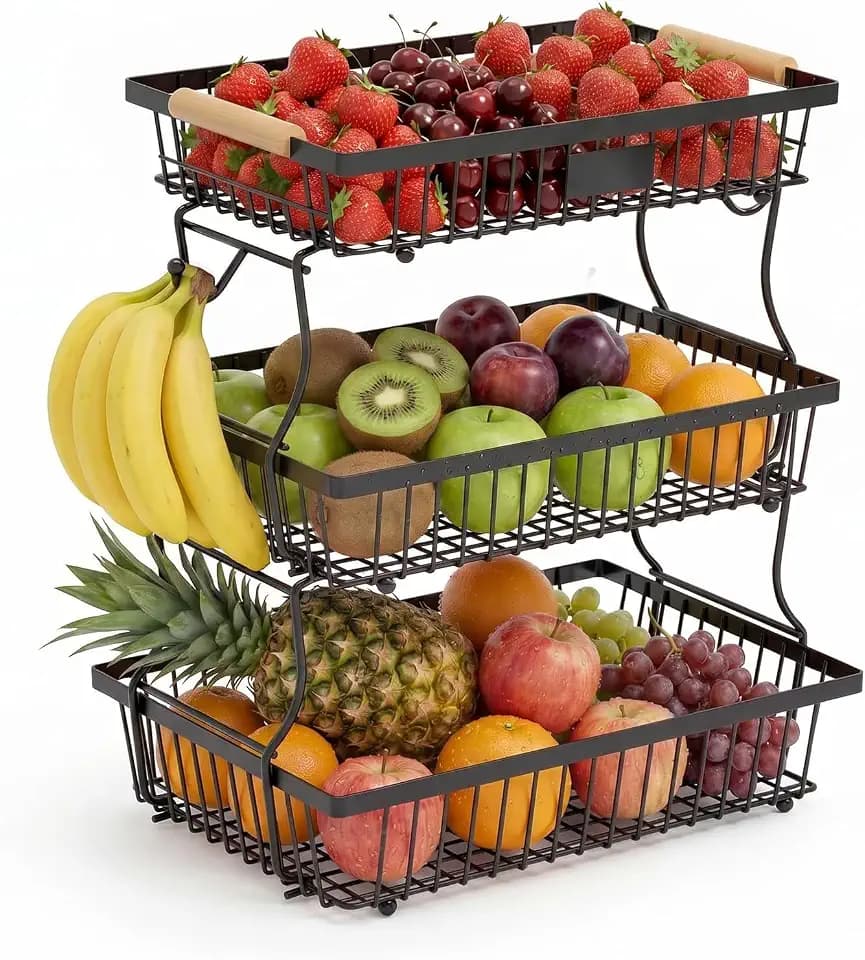 3-stöckige Obstetagere mit Bananenhaltern – Obstkorb aus Metall für Küche, Speisekammer & mehr, geeignet für Obst, Gemüse, Brot & Snacks, schwarz