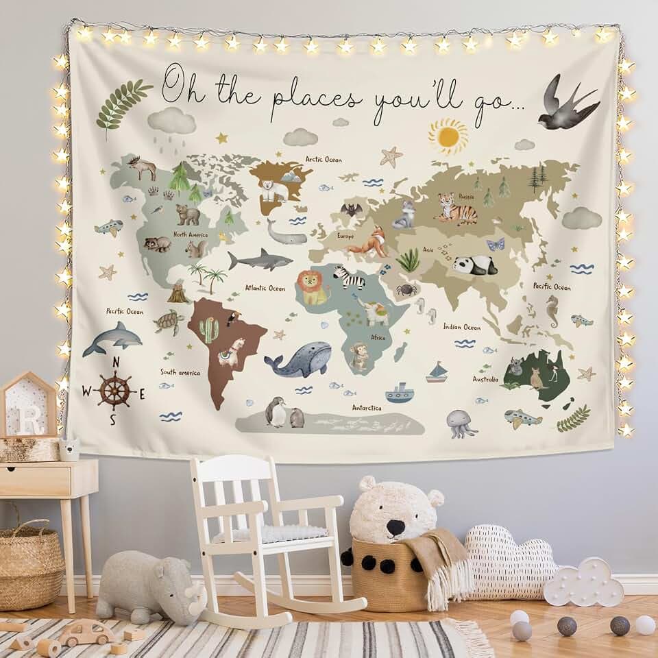 LIANGW Boho Kids World Map Tapestry Wall Hanging for Classroom 50x60 Inch