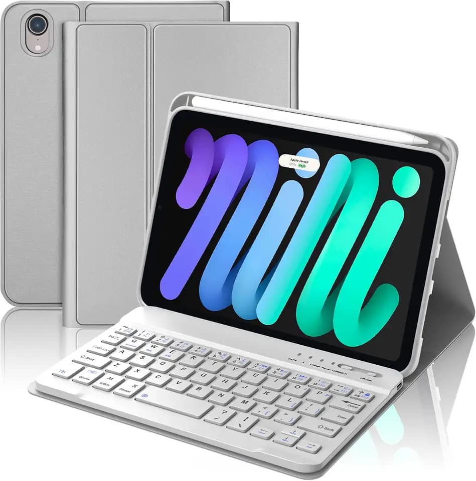 iPad mini 7th (A17 Pro, 2024) Keyboard Case for iPad mini 6th Gen2021-8.3in Wireless Keypad for A17 8.3'' Case with Pen Slot, Smart Cover for Apple Mini-7/6 Gen Detachable Keyboard, Grey