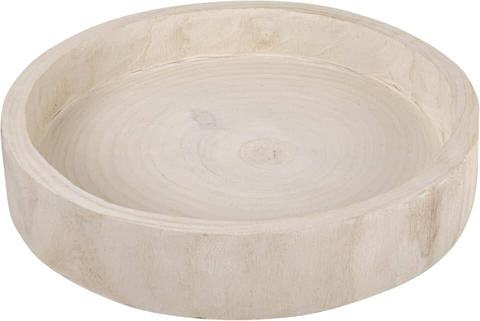 Round Hand-Carved Decorative Paulownia Wood Tray, Whitewashed Finish