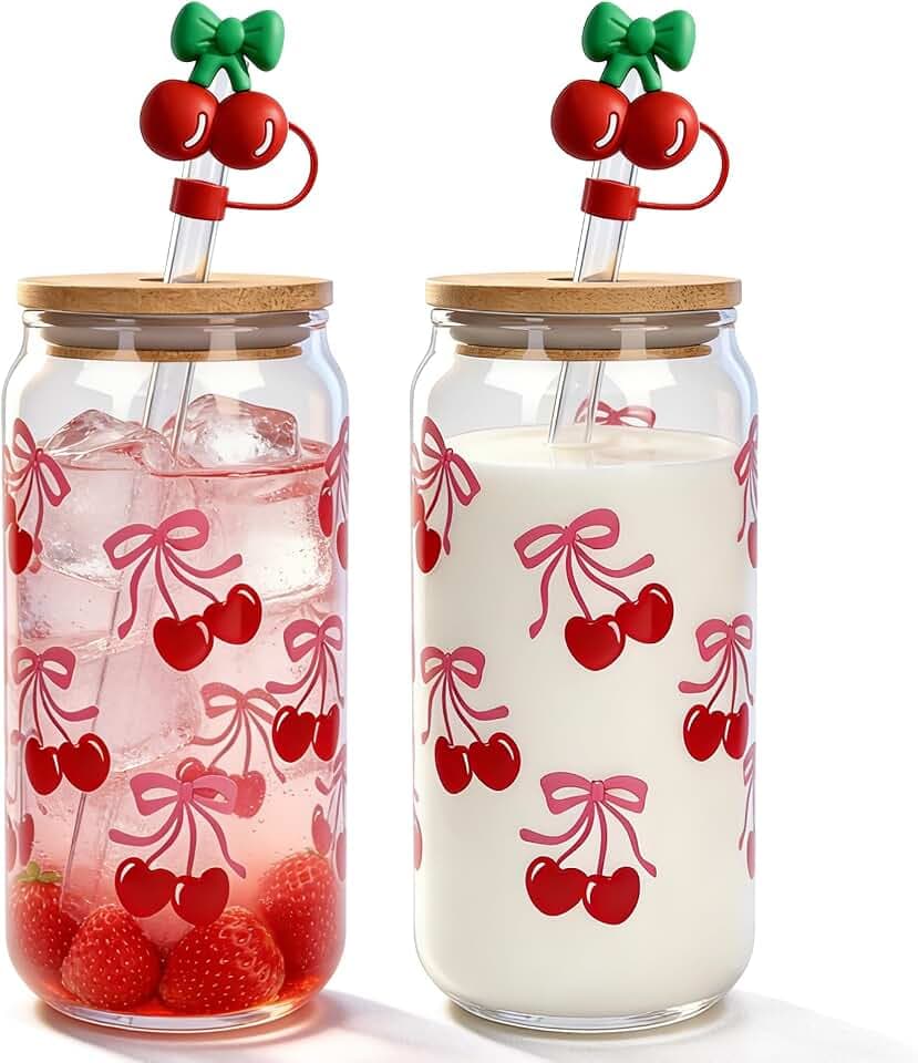 Cherries Bows Glass Cups, 2Pcs 18OZ Cherry Decor Iced Coffee Cups
