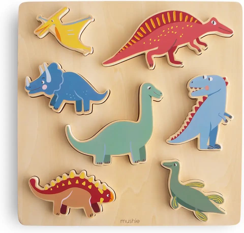 mushie Wooden Dino Puzzle | for Kids 3 Years+ | Preschool Educational Montessori Toys (7 pcs)