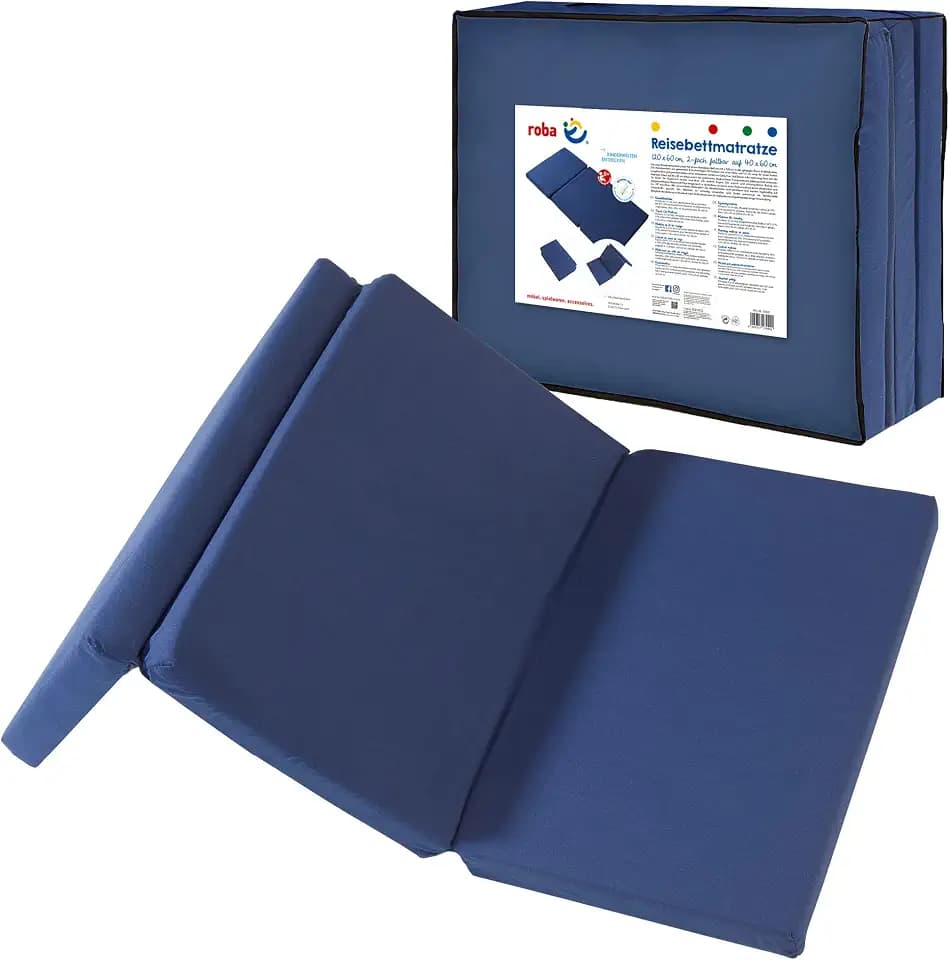 roba Reisebettmatratze - Faltbare Baby Matratze für Reisebett 60 x 120 cm - Faltbare Klappmatratze für Kinderreisebetten - Abnehmbarer Bezug in Blau - Inklusive Tragetasche