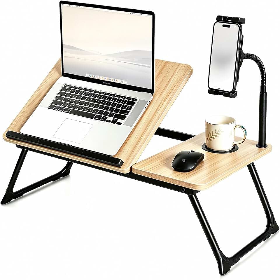 Foldable Lap Desk for Bed and Sofa, Portable Laptop Desk with Gooseneck Phone Stand, Cup Holder & Mouse Pad Extension, Extra Large Bed Desk Tray fits up to 17" Laptops (Natural)