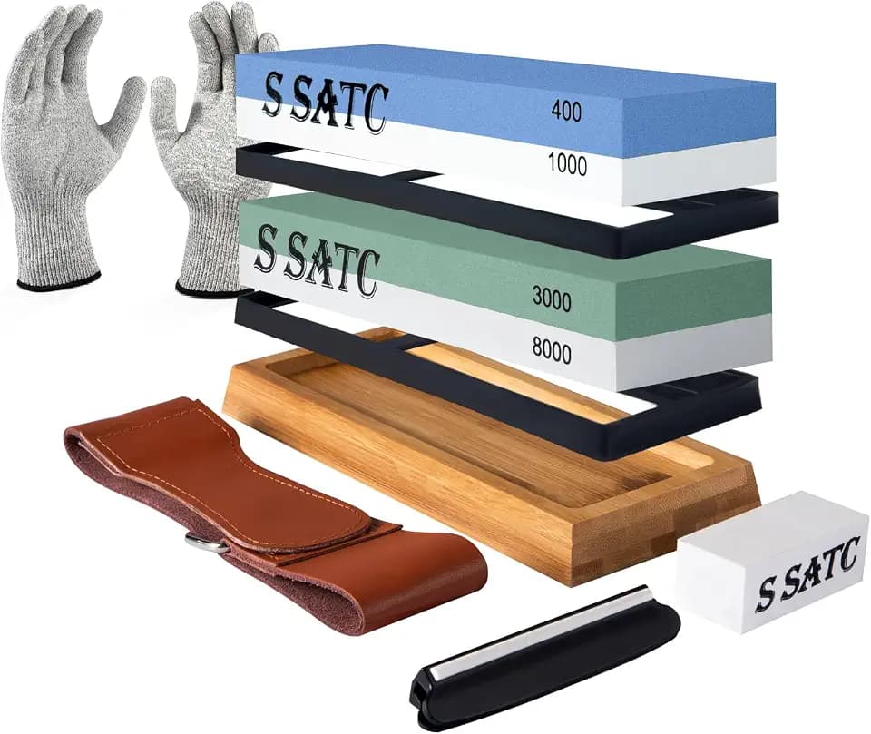 S SATC Schleifstein Set für Messer, Körnung 400/1000 3000/8000, Wetzstein Messerschärfer Set inkl. Schutzhandschuhen, Bambushalter, Winkelführung, Abziehleder und Abrichtstein