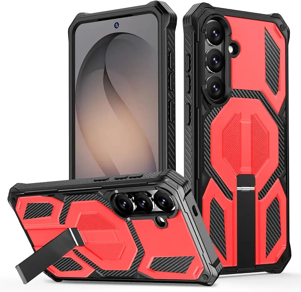 for Samsung Galaxy S25 Plus Case, 15FT Military-Grade Shockproof Phone Case with Invisible Kickstand, Compatible with MagSafe, Strong Magnetic, Heavy Duty Protection for S25+ Plus(Red)