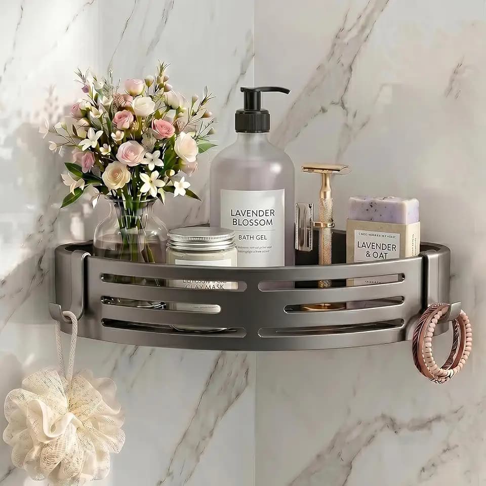 Corner Shower Caddy Suction Cup with Hooks, No-Drilling (Gray)