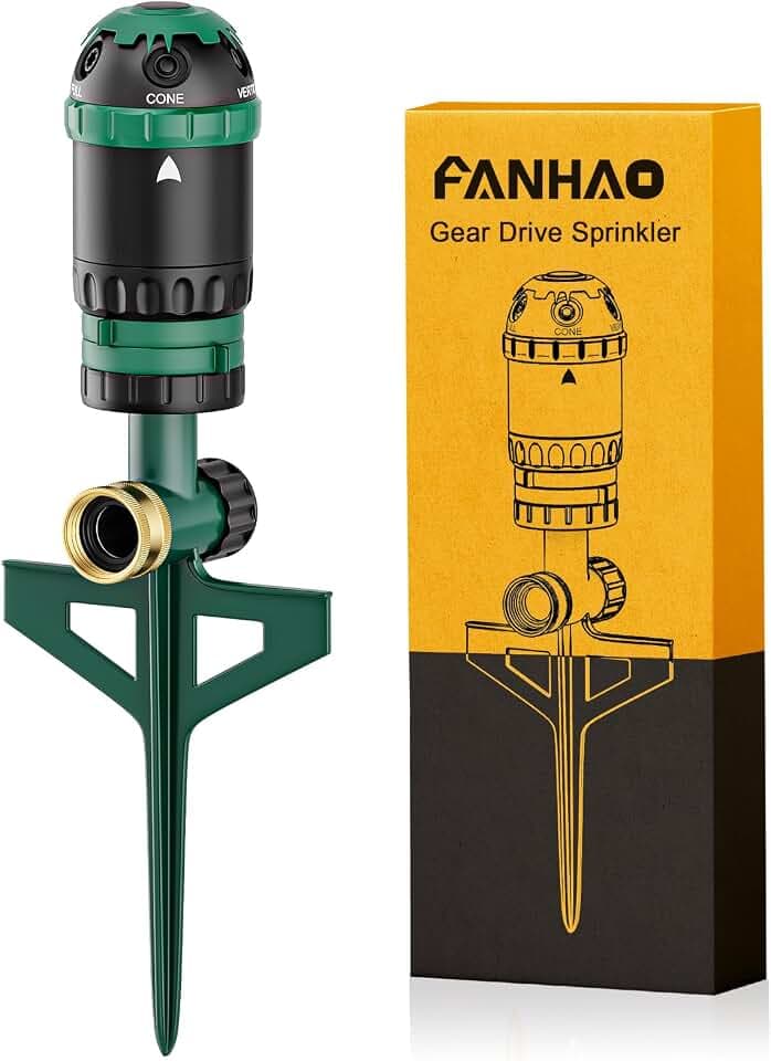 FANHAO Gear Drive Sprinkler with Metal Base, 360° Rotating Lawn Sprinkler