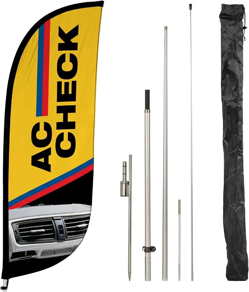 LookOurWay Feather Flag Pole Kit - 9 Feet Tall Advertising Banner with Fiberglass Pole Set and Ground Spike for Business Promotion - AC Check - Yellow/Black