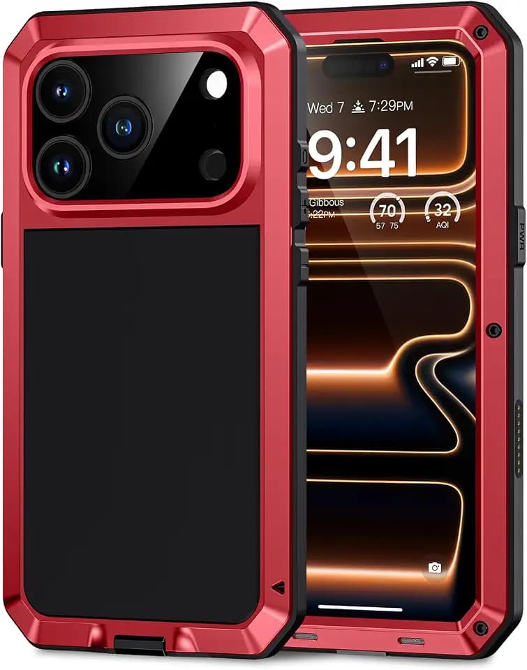 Lanhiem for iPhone 17 Pro Max Metal Case, Built-in Glass Screen Protector, Military Full Body Shockproof Tough Rugged Heavy Duty Protective for 17 Pro Max 6.9", Red