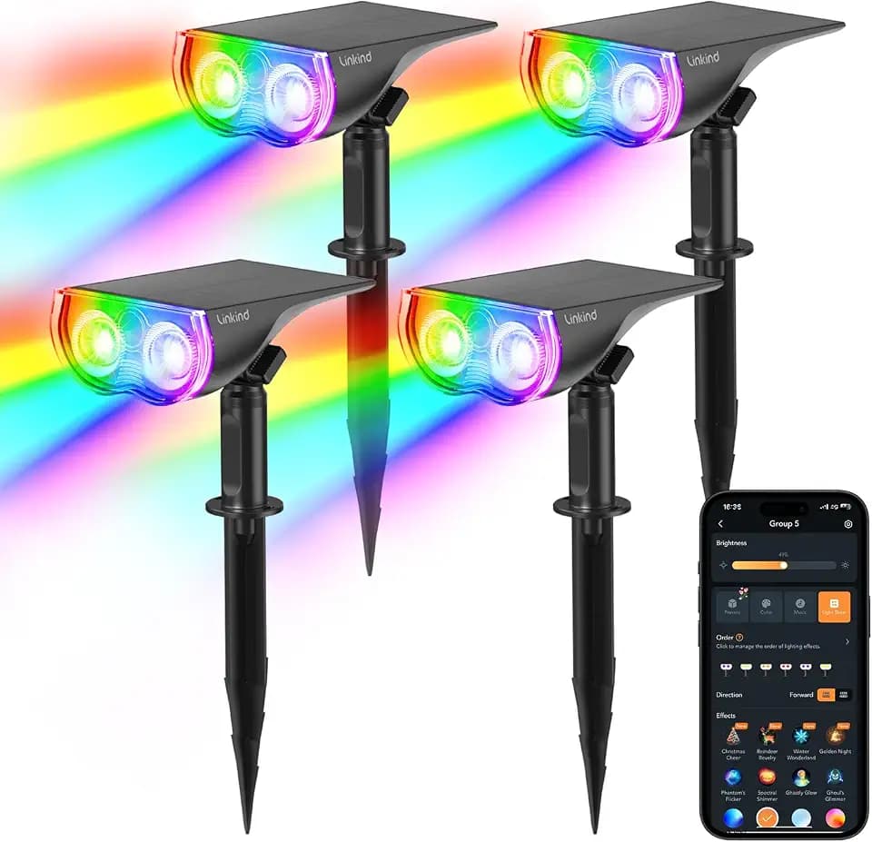 Linkind Smart RGBTW Solar Strahler für Garten, Intelligent 16Mio. Farbe Gartenleuchte mit Gruppensteuerung, Musiksync, Rotlichtalarm, IP65 Aussenstrahler Solar Baumstrahler, SL5C-4 Stück