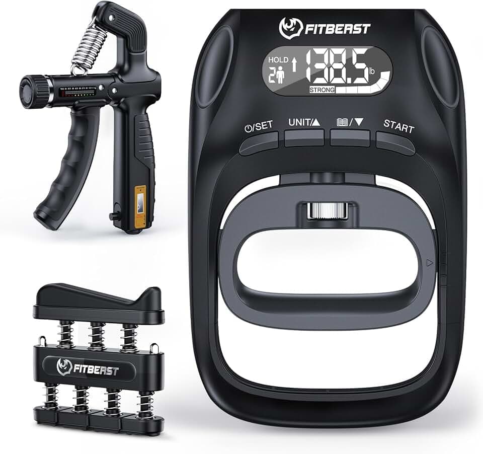 FitBeast Grip Strength Trainer Kit, Digital Grip Strength Tester with Adjustable Hand Gripper Strengthener & Finger Exerciser, Track Progress for Fitness, Rehab & Strength Building (Advanced 3-in-1 Kit)