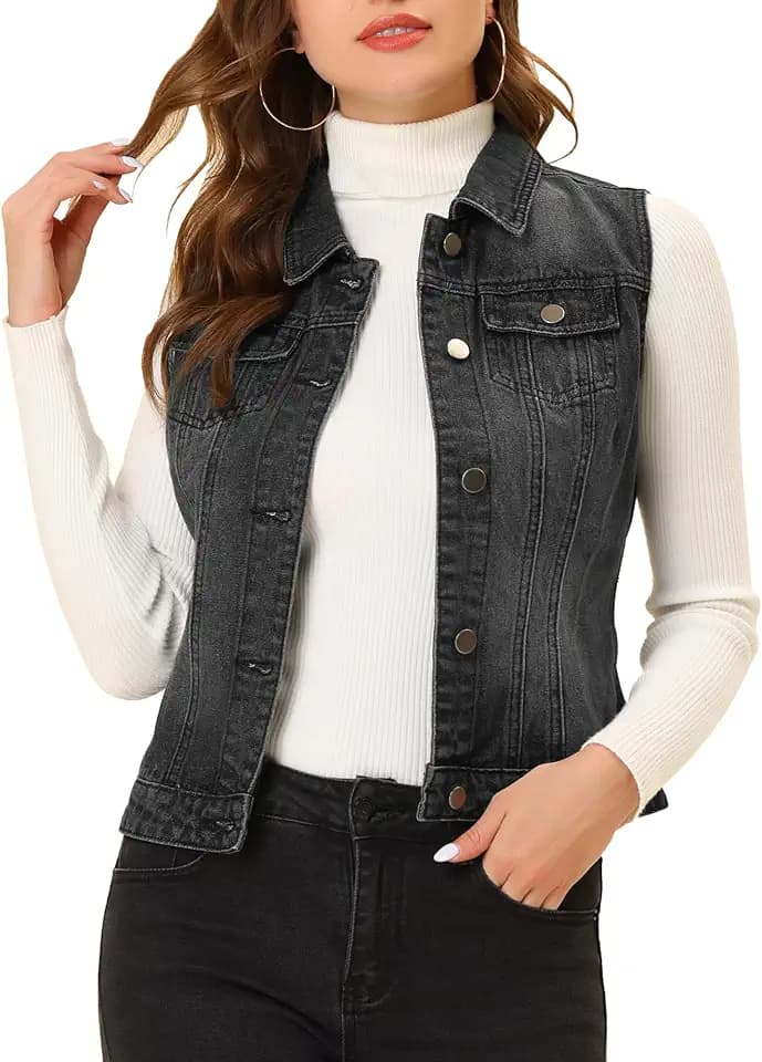 Allegra K Damen Ärmellos Jeansweste Knopfleiste Denim Jacke Weste mit Taschen Causal Jeans Vest