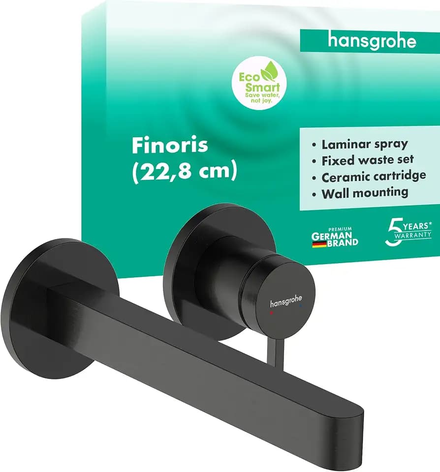hansgrohe Finoris - Waschtischarmatur Unterputz für Wandmontage mit Ablauf, Wasserhahn Bad mit Auslauf Länge 22,8 cm, Mischbatterie Waschbecken wassersparend (EcoSmart), Brushed Black Chrome, 76050340