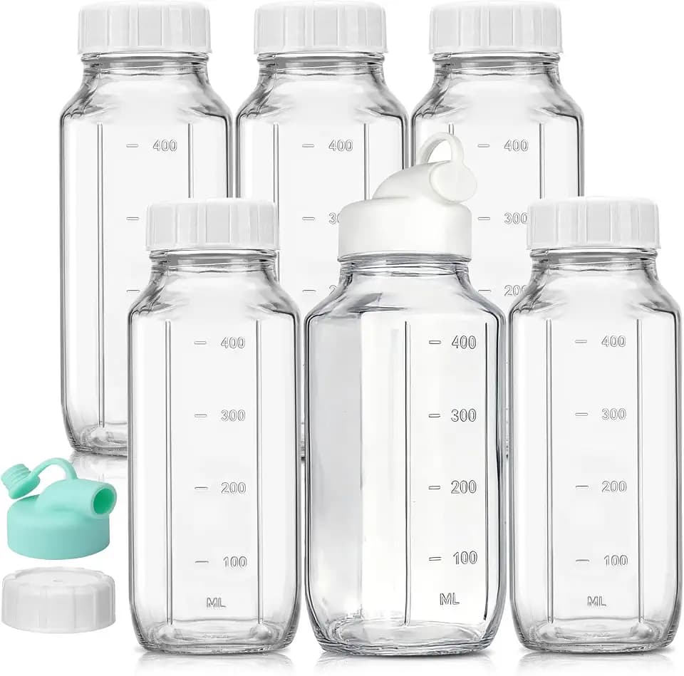 CUCUMI 6 Pack 16 Oz Glass Milk Bottles with Lids