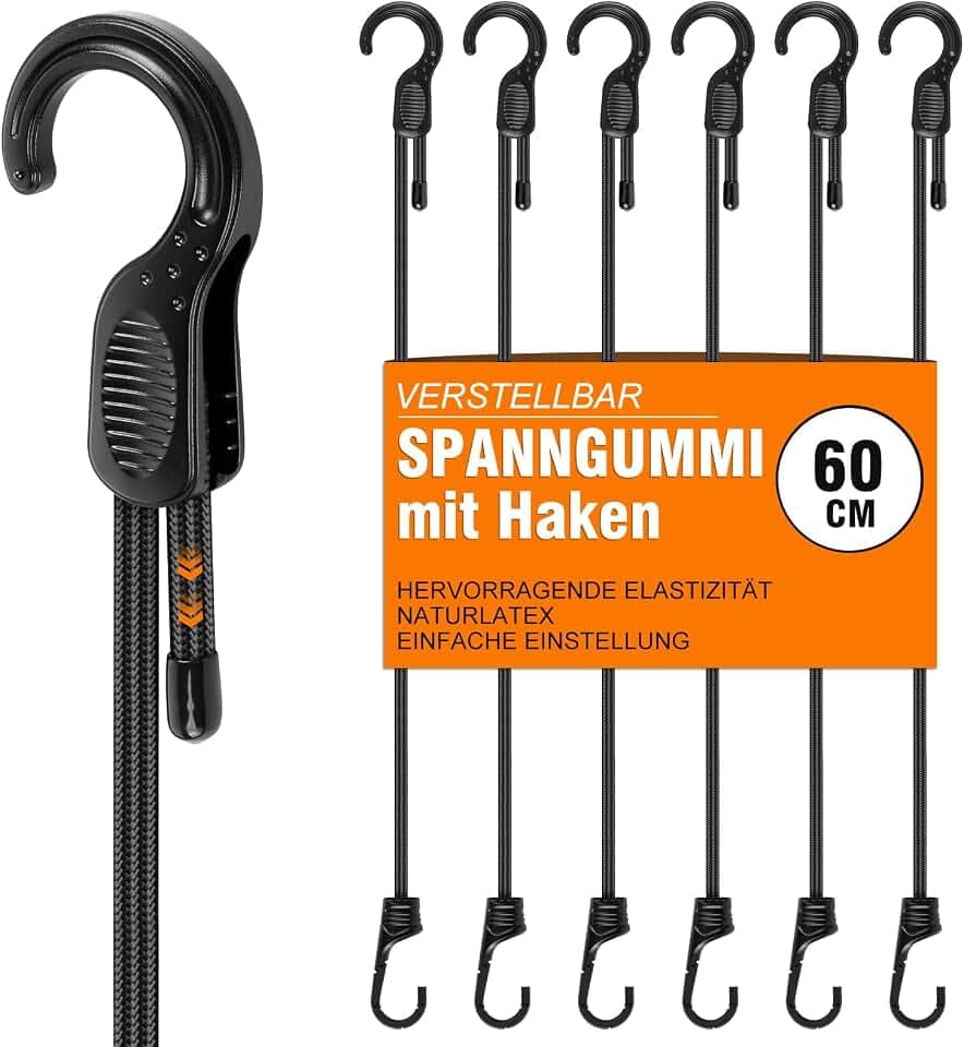 Verstellbar Spanngummi Mit Haken 60 cm, 6 Stück Robuste Expander Mit Haken Gepäckspanner Ladungssicherung für Camping, Sonnensegel, Tarpaulins, Abdeckplane Fahrrad, Auto, Dachträger