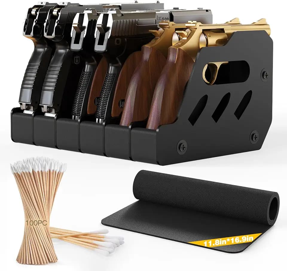 MoKo Pistol Rack for Gun Safe, Gun Rack Fits Most Handguns, Scratch Resistance Pistol Stand and Holder for Gun Safe, Gun Cabinet Accessories with Cleaning Tools