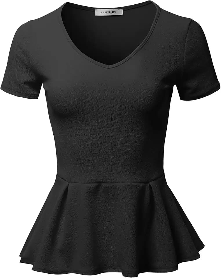 SSOULM Women's Flare Peplum Blouse - Short Sleeve Stretchy Fit and Flare Top, Classic Casual Shirt (S-3X)