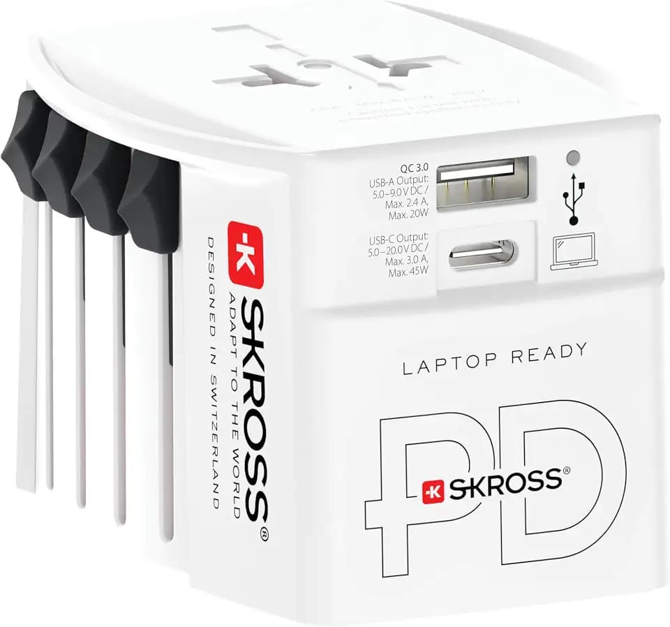 SKROSS -MUV USB AC45PD mit USB-C Kabel (160 cm) – 2-poliger Universal-Reiseadapter + 1 x USB C & 1 x USB 45 W – Spannung und Leistung: 100 V – 250 W/250 V – 625 W für Laptops, Tablets und Smartphones