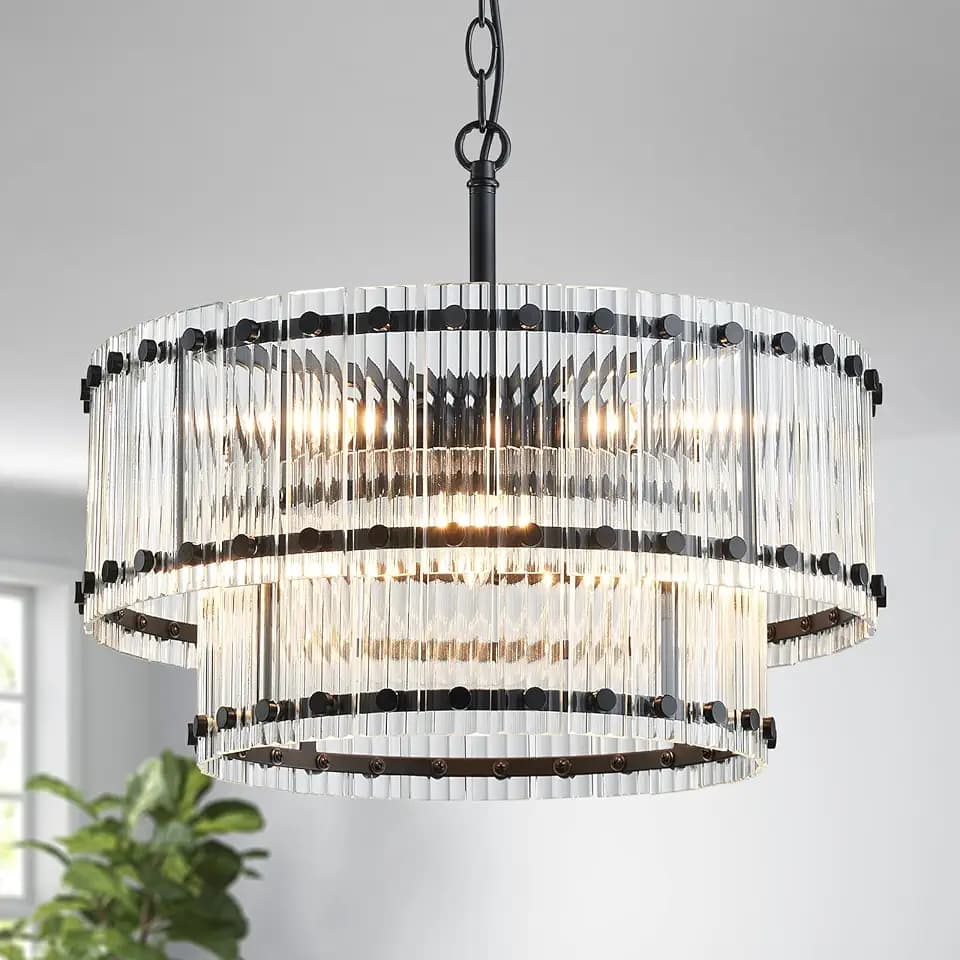 D18in Glass Drum Chandelier, 6-Light Mid-Century Modern Light Fixture for Dining Room, Kitchen, Living Room, D18 x H19~49inch(Adjustable Height), Ripple Glass & Black Finish