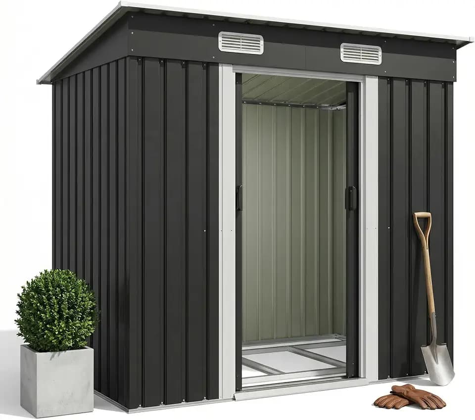 JUMMICO Metall Gerätehaus 3.63m³ Geräteschuppen 183x109x182cm, Gartenschuppen mit Fundament und Schiebetüre, Gartenhaus für Gartengeräte und Mülltonnen, Schwarz