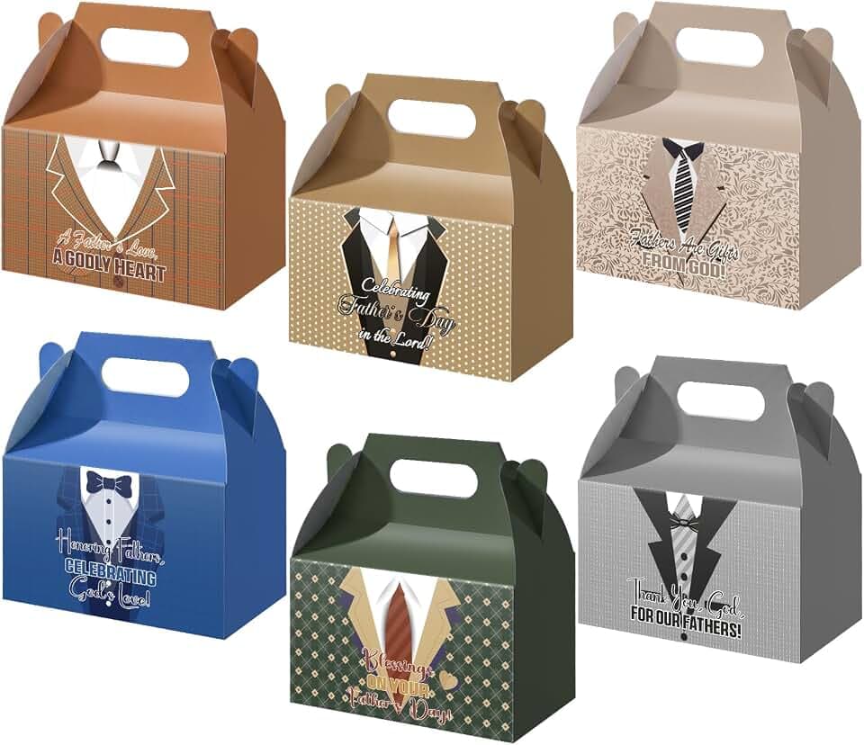 Motipuns 48 Pcs Father's Day Boxes for Gift, Party Favors Gable Boxes with Handles for Candy, Cookies, Treats & Small Gifts, Best Dad Ever Theme Paper Container for Party Supplies, 6 Style (Formal)