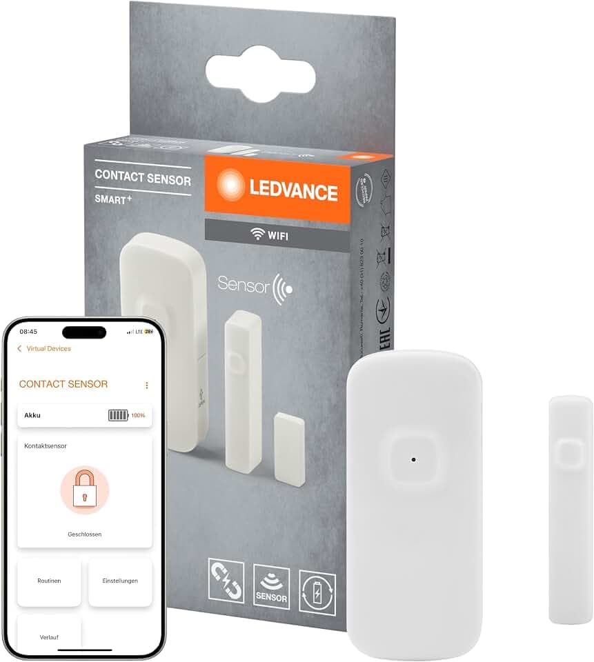 LEDVANCE SMART WIFI intelligenter Kontaktsensor für Smart Home im Innenbereich, ohne Kabel, weiß, Steuerung via App, integrierter wiederaufladbarer Akku und einfaches Aufladen über USB-C